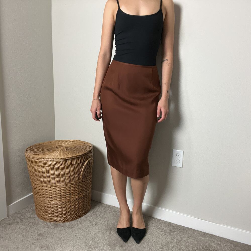 vintage brown silk high waisted minimalist chic office siren pencil midi skirt